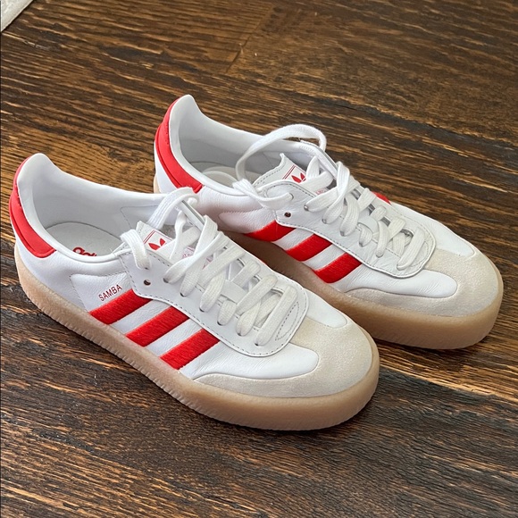 adidas Shoes - adidas White Sneakers with Red Stripes
